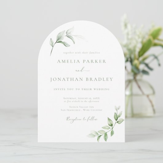 Moderne Elegante Greenery Wedding Uitnodigingen (Staand voorkant)