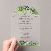 Moderne Elegante Groen Bloemen Boog Huwelijk Acryl Uitnodigingen (Insitu (Draagbaar))