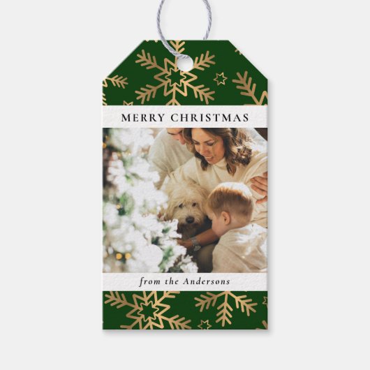 Moderne Elegante Groen Goud Kerstmis Familiefoto Cadeaulabel (Voorkant)