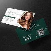 Moderne Elegante Groene Haar Stylist Make-up QR Co Visitekaartje