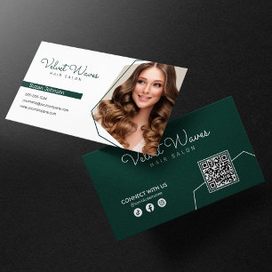 Moderne Elegante Groene Haar Stylist Make-up QR Co Visitekaartje