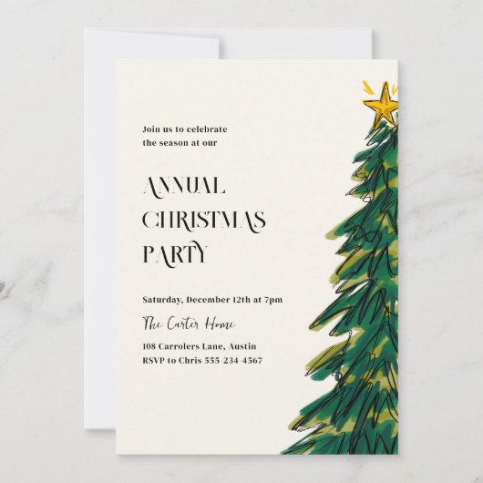 Moderne elegante groene kerstboom schets feestdagenkaart (Voorkant)