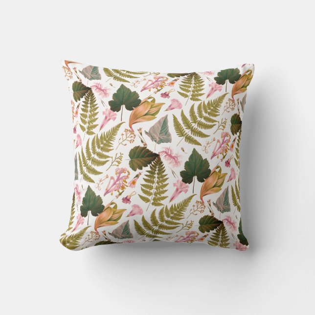 Moderne elegante groene lente bladeren en bloemen kussen (Voorkant)