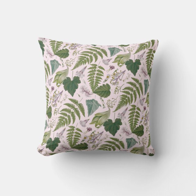 Moderne elegante groene lente bladeren en bloemen kussen (Voorkant)