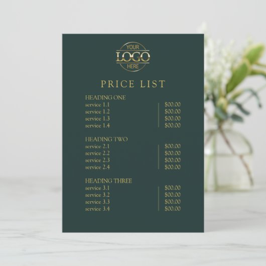 Moderne Elegante Groene Logo Service Menu Prijslij (Staand voorkant)