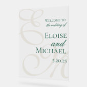 Moderne Elegante Groene Monogram Kalligrafie Huwel Acryl Bord (Hoek)