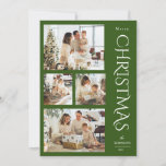 Moderne Elegante Groene Vier Fotocollage Kerstmis Feestdagenkaart<br><div class="desc">Stuur vakantie groeten aan uw dierbaren en deel de hoogtepunten van uw leven dit jaar met deze elegante 4 foto collage kerstkaarten! Het ontwerp bevat vier fotosjablonen aan de linkerkant van de kaart, met moderne typografie aan de rechterkant, met het lezen van "Vrolijk kerstfeest" op een klassieke groene achtergrond. Eenvoudig...</div>