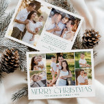 Moderne Elegante Groene Vrolijke Kerstfoto Collage Feestdagenkaart<br><div class="desc">Vier het seizoen met de Modern Elegant Green Merry Christmas Photo Collage Holiday Kaart. Dit stijlvolle ontwerp is voorzien van een collage van 5 foto's aan de voorkant, met 4 vierkante foto's rond een groter afbeelding in het midden. "Merry Christmas" is prachtig weergegeven in trendy groene letters op een witte...</div>