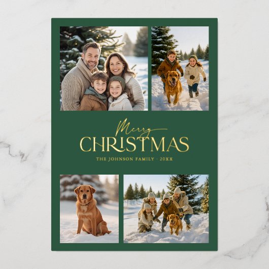 Moderne Elegante Groene Vrolijke Kerstmis Familief Folie Feestdagenkaart (Voorkant)