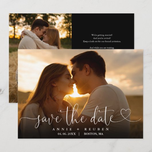 Moderne Elegante Hart Script Foto Bruiloft Save The Date (Voorkant / Achterkant)