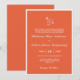Moderne Elegante Helder Sinaasappel Monogram Huwel Kaart