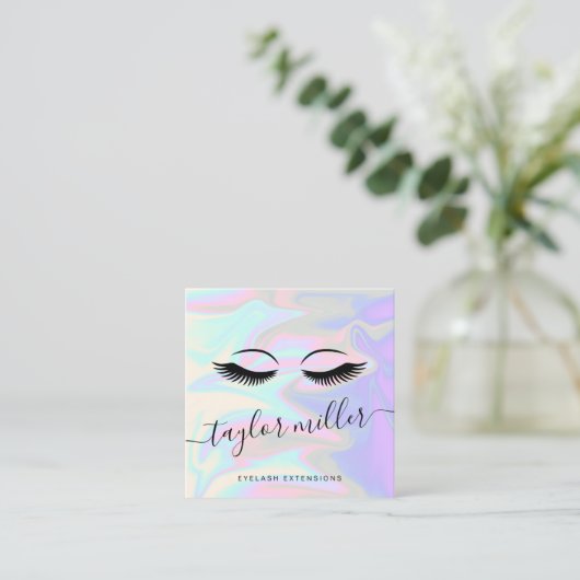 Moderne elegante holografische eyelash-extensies vierkante visitekaartje (Staand voorkant)