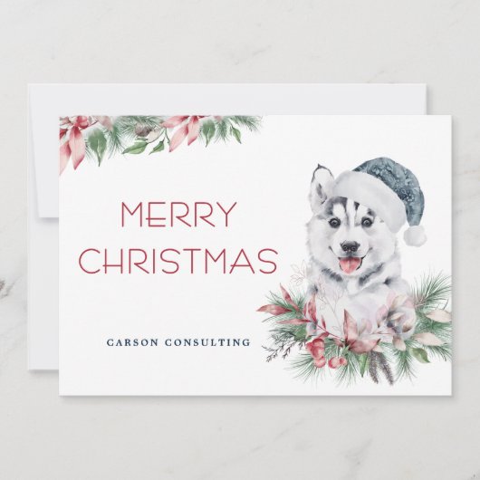 Moderne Elegante Husky Hond Vrolijk Kerstbedrijf Feestdagenkaart (Voorkant)