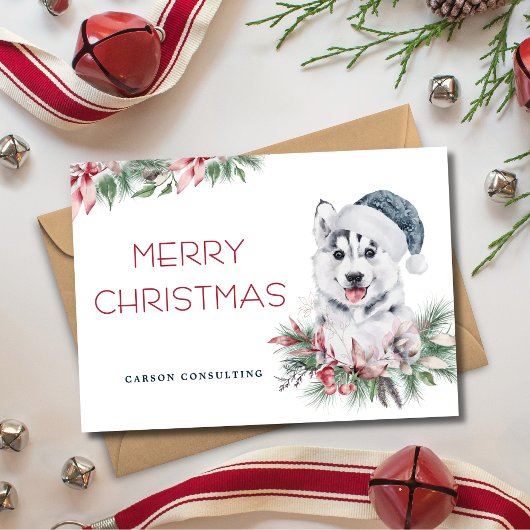 Moderne Elegante Husky Hond Vrolijk Kerstbedrijf Feestdagenkaart