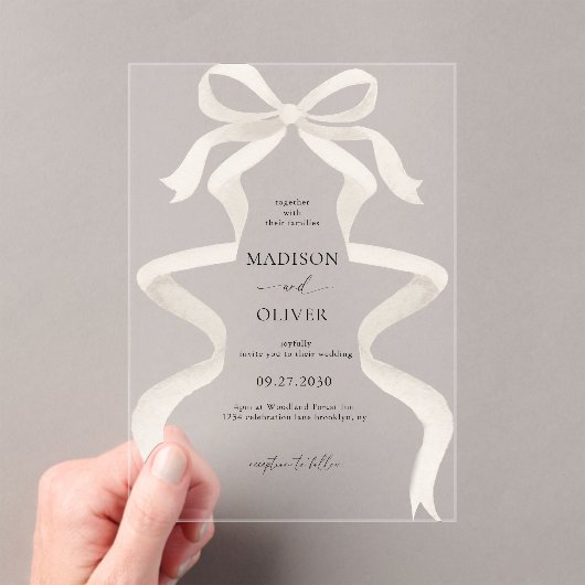 Moderne Elegante Ivoor Beige Bow Ribbon bruiloft Acryl Uitnodigingen (Insitu (Draagbaar))