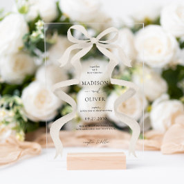 Moderne Elegante Ivoor Beige Bow Ribbon bruiloft Acryl Uitnodigingen