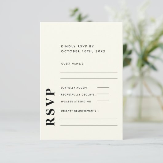 Moderne elegante ivoren bruiloft delicaat RSVP kaartje (Staand voorkant)