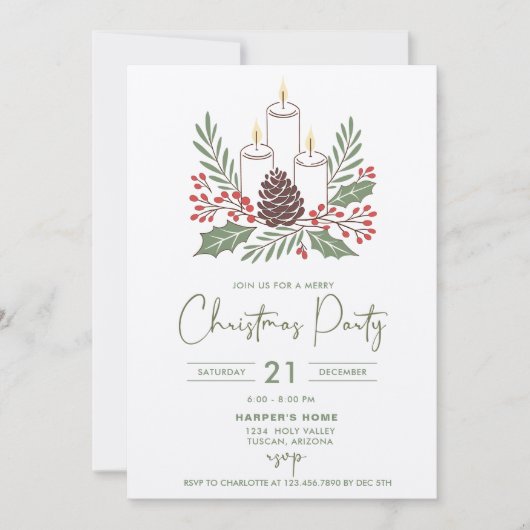 Moderne elegante kaarsen en gebladerte kerstfeest kaart (Voorkant)