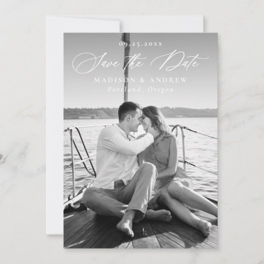 Moderne Elegante Kalligrafie 2 Foto QR Code Huweli Save The Date (Voorkant)