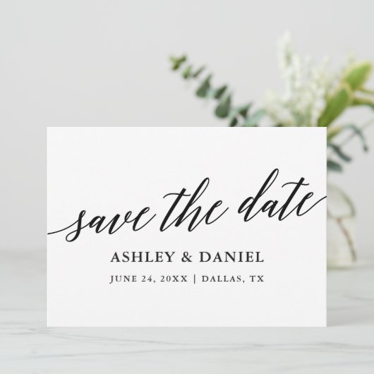 Moderne elegante kalligrafie Bewaar de datum Flat Bedankkaart (Staand voorkant)