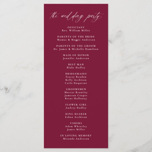 Moderne elegante kalligrafie Bourgondische bruilof Programmakaart (Achterkant)