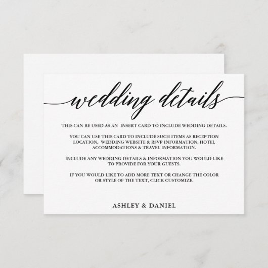 Moderne elegante kalligrafie bruiloft details informatiekaartje (Voorkant / Achterkant)