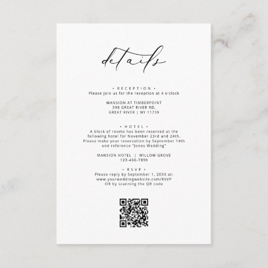 Moderne elegante kalligrafie bruiloft details informatiekaartje (Voorkant)