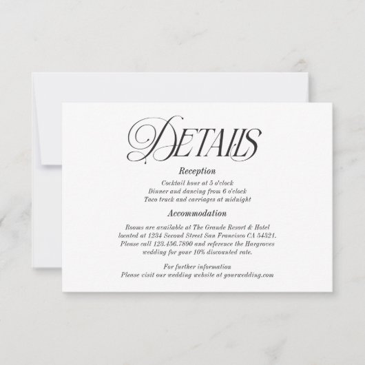 Moderne elegante kalligrafie bruiloft details RSVP kaartje (Voorkant)