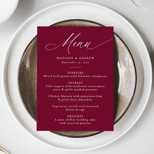 Moderne Elegante Kalligrafie Burgundy Bruiloft Menu