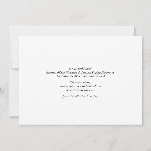 Moderne elegante kalligrafie Eenvoudige bruiloft Save The Date (Achterkant)