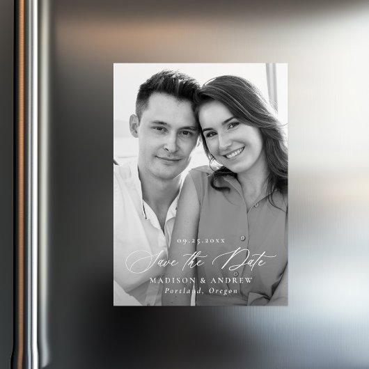 Moderne Elegante Kalligrafie Foto Save the Date Magnetische Uitnodiging
