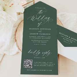 Moderne Elegante Kalligrafie Groene bruiloft All In One Uitnodiging