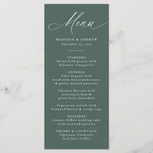Moderne Elegante Kalligrafie Groene bruiloft Menu (Voorkant)