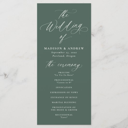 Moderne Elegante Kalligrafie Groene bruiloft Programmakaart (Voorkant)