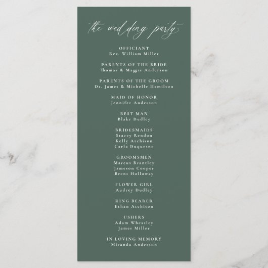 Moderne Elegante Kalligrafie Groene bruiloft Programmakaart (Achterkant)