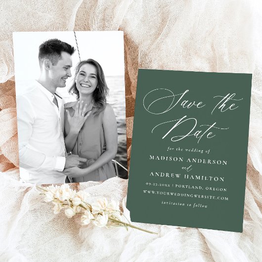 Moderne Elegante Kalligrafie Groene Fotobruiloft Save The Date