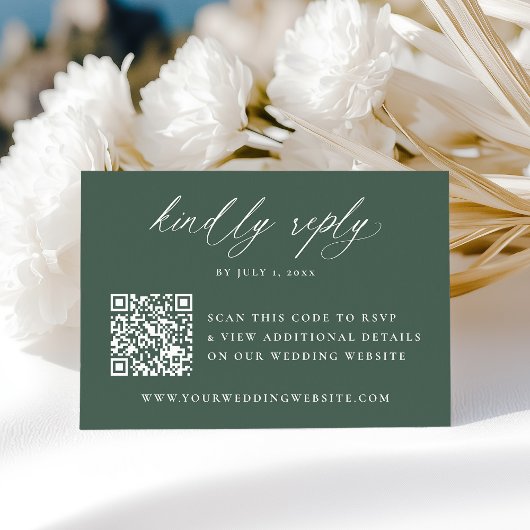 Moderne Elegante Kalligrafie Groene QR Code Huweli RSVP Kaartje