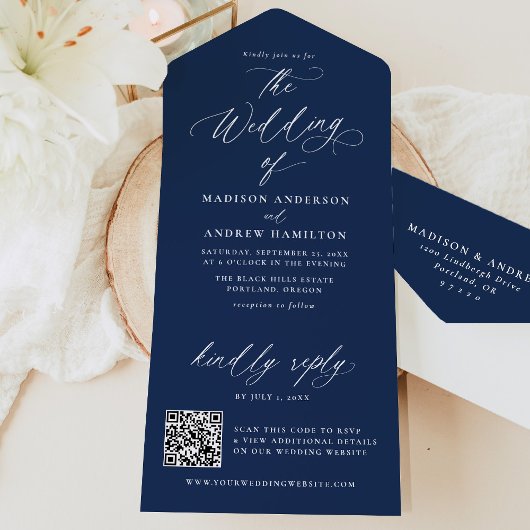 Moderne elegante kalligrafie marine bruiloft all in one uitnodiging