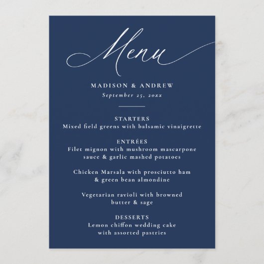 Moderne elegante kalligrafie marine bruiloft menu (Voorkant)
