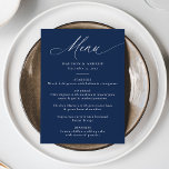 Moderne elegante kalligrafie marine bruiloft menu<br><div class="desc">Dit huwelijksmenu heeft het woord "Menu" in elegante witte kalligrafie op een chique marine-achtergrond en biedt een moderne en verfijnde touch aan uw receptie. Pas het menu aan met uw namen, trouwdatum en maaltijdopties hieronder in vetgedrukte witte letters voor een persoonlijke en gedenkwaardige eetervaring. Het ontwerp is eenvoudig maar verfijnd,...</div>