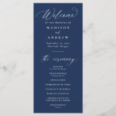 Moderne Elegante Kalligrafie Marineblauwe Huwelijk Programmakaart (Voorkant)