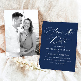 Moderne Elegante Kalligrafie Navy Foto Bruiloft Save The Date