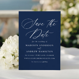 Moderne Elegante Kalligrafie Navy Trouwkaart Save The Date