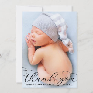 Moderne elegante kalligrafie Nieuwe baby Foto B Bedankkaart