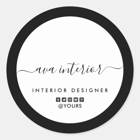 Moderne Elegante Kalligrafie Ontwerper B&W Social Ronde Sticker (Voorkant)