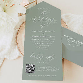Moderne elegante kalligrafie Sage Green Wedding All In One Uitnodiging
