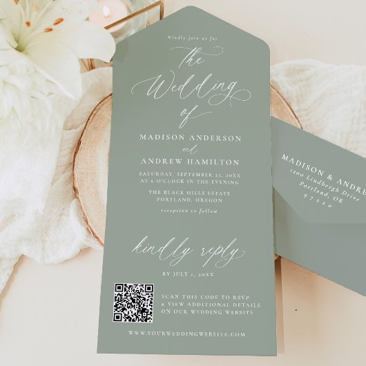 Moderne elegante kalligrafie Sage Green Wedding All In One Uitnodiging