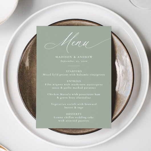 Moderne elegante kalligrafie Sage Green Wedding Menu