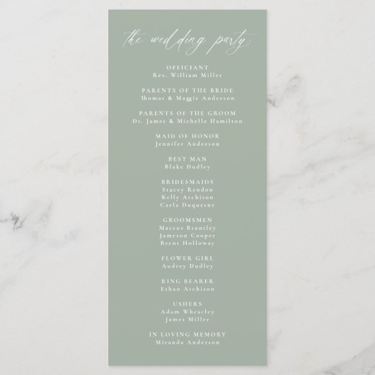 Moderne elegante kalligrafie Sage Green Wedding Programmakaart (Achterkant)