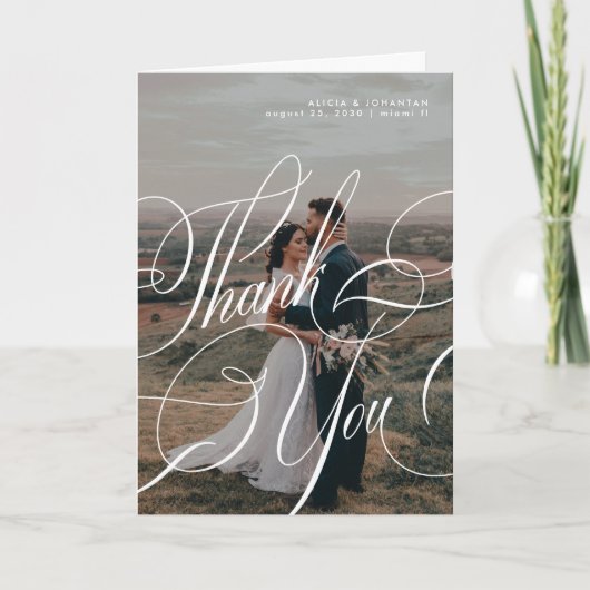 Moderne elegante kalligrafie script 8 foto bruilof bedankkaart (Voorkant)